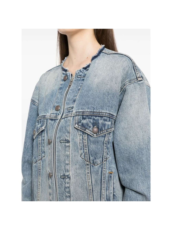 Collarless Zip-Up Denim Jacket