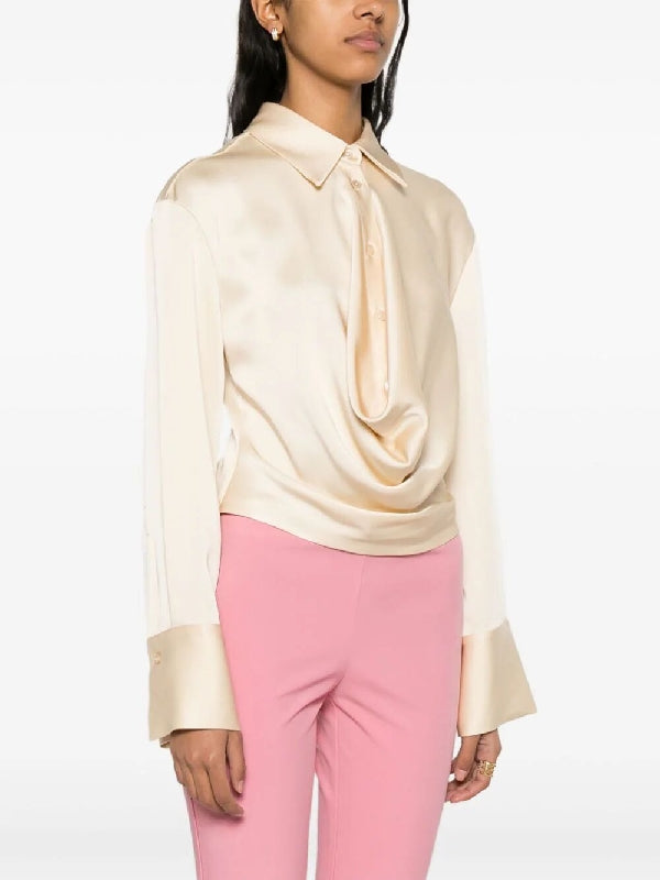 Satin Cowl Neck Decorated Crop Shirt