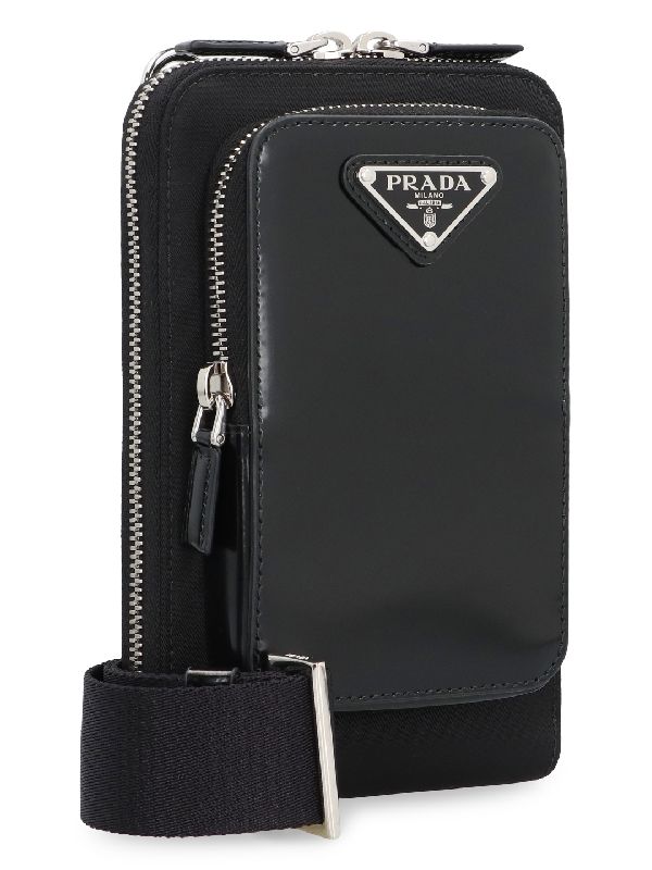 Triangle Logo Leather Re-Nylon Phone
  Holder Bag