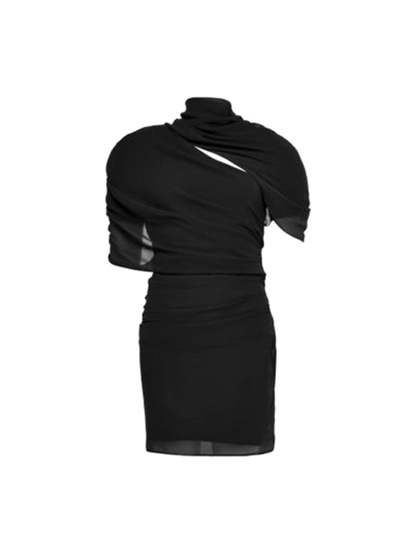 Asymmetric High Neck Draped Dress