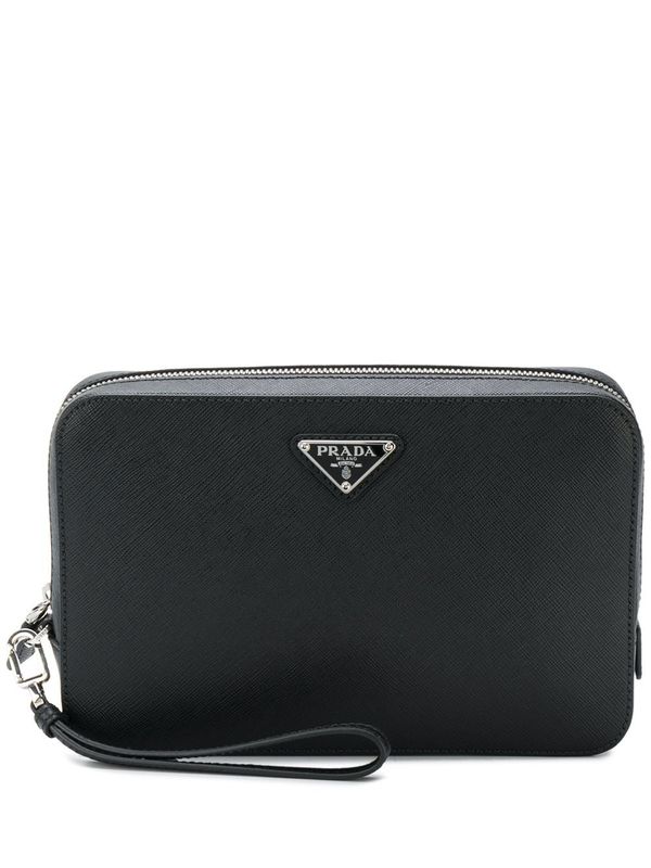 Triangular Logo Saffiano Leather Clutch Bag