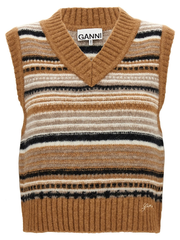 条纹羊驼混纺针织背心