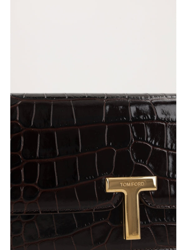 T Logo Croco Effect Clutch Bag