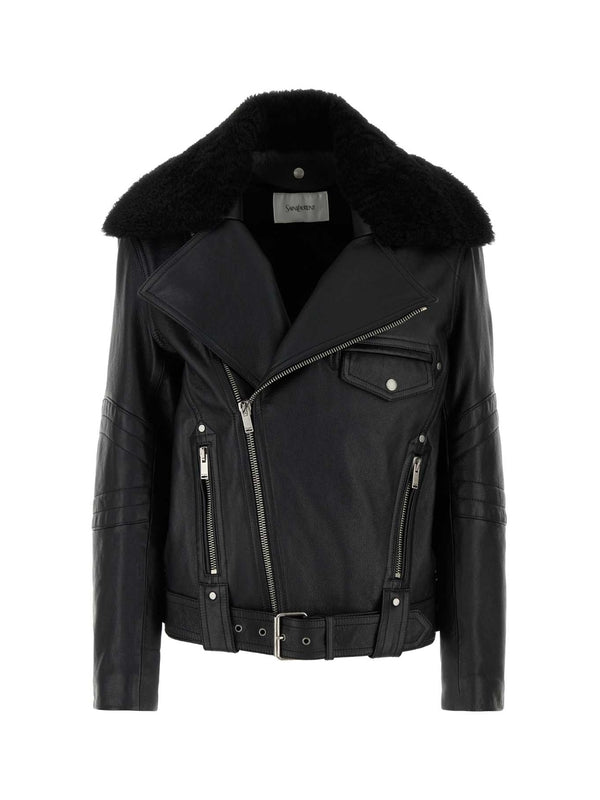 Shearling Collar Leather Biker Jacket