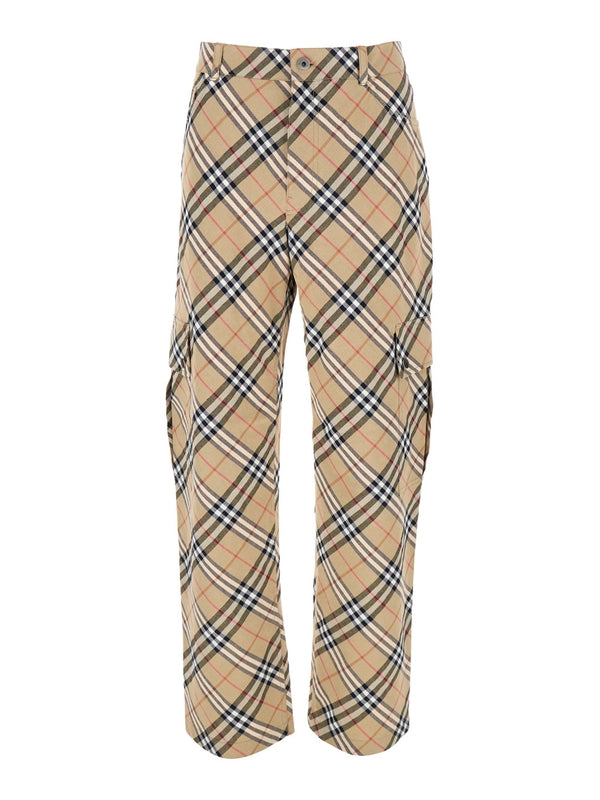 Beige Cargo Pants with Vintage Check Motif in Linen and Cotton Blend Man Tailored Pants