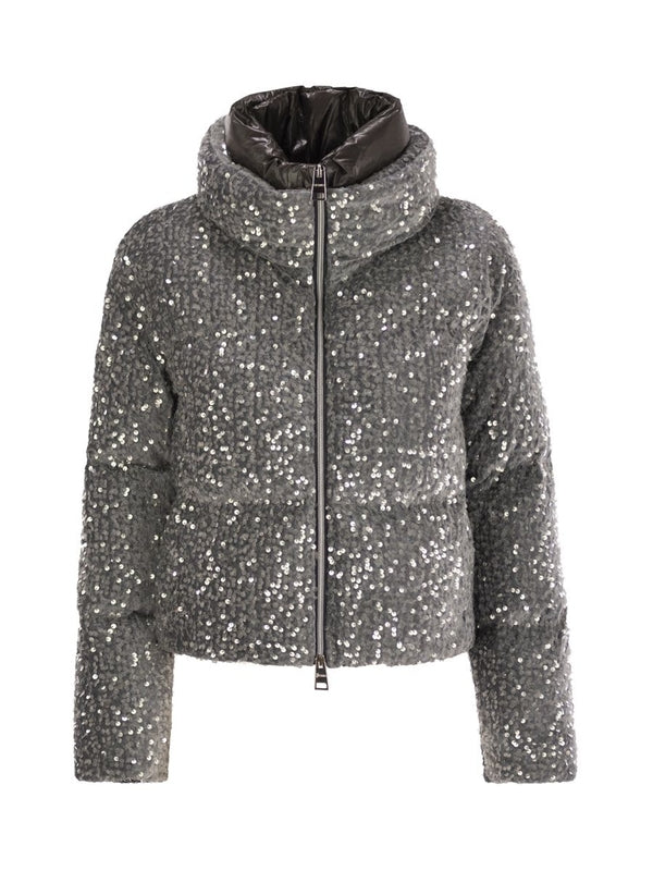 All-over Sequin High-neck Velvet Padded Jacket