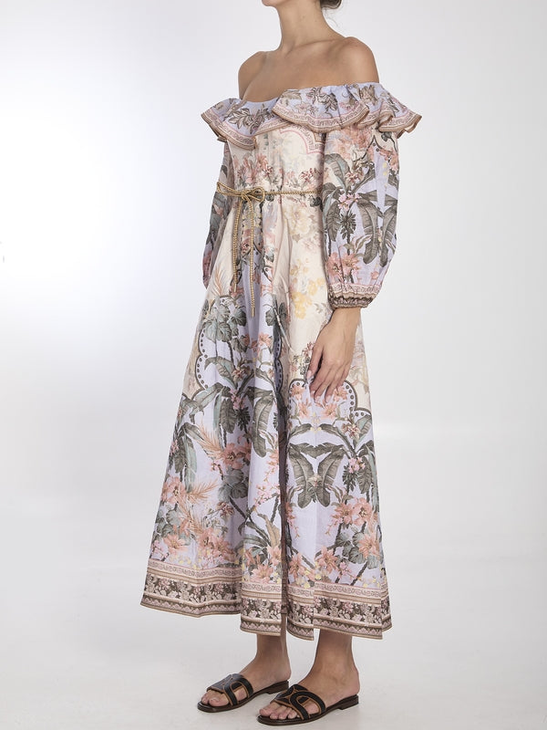 Wylie Flower Printed Off-shoulder Linen Dress