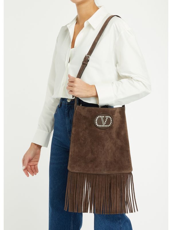 V Logo Tassel Detail Suede Shoulder Bag