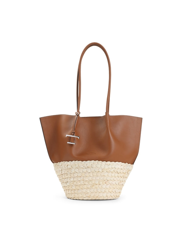 Bux T Logo Raffia Leather Tote Bag