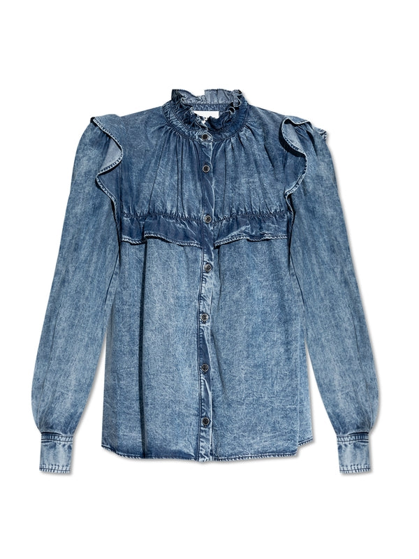 Ruffle Detail Highneck Denim Shirt