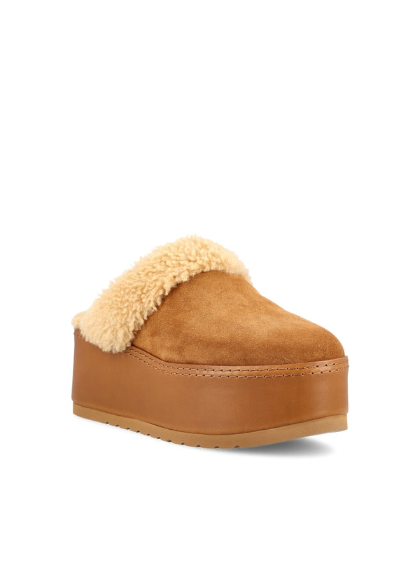 Triomphe Logo Shearling Wedge Mules