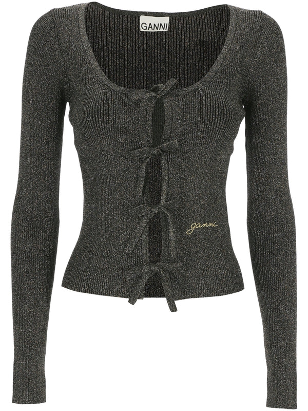 Bow Detail Metallic Knit Cardigan