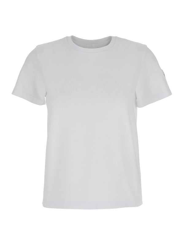 White T-Shirt with Logo Embroidered on the Sleeve in Cotton Woman Half Sleeve