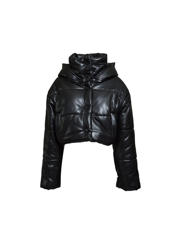 AVELINE Faux Leather Cropped Puffer Jacket