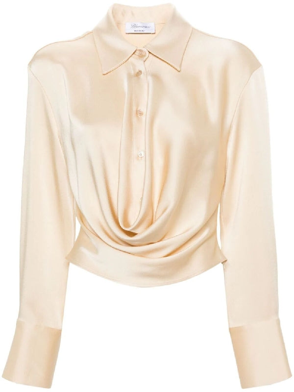 Satin Cowl Neck Decorated Crop Shirt