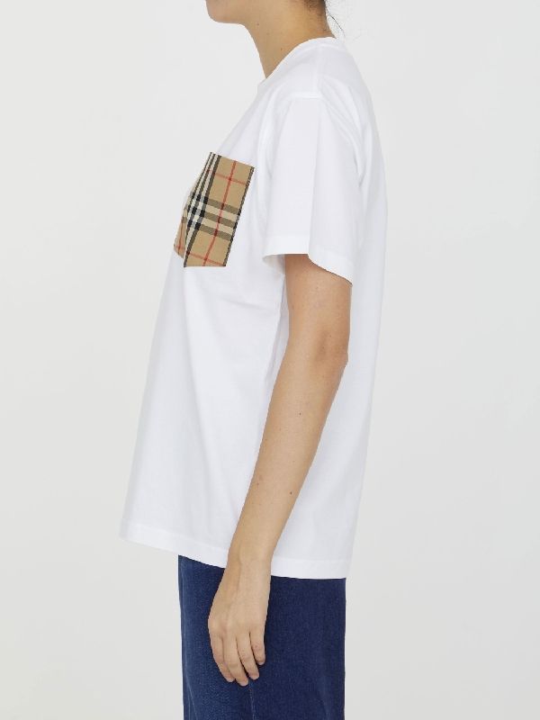 White Crewneck T-Shirt with Check Pocket in Cotton Woman Half Sleeve