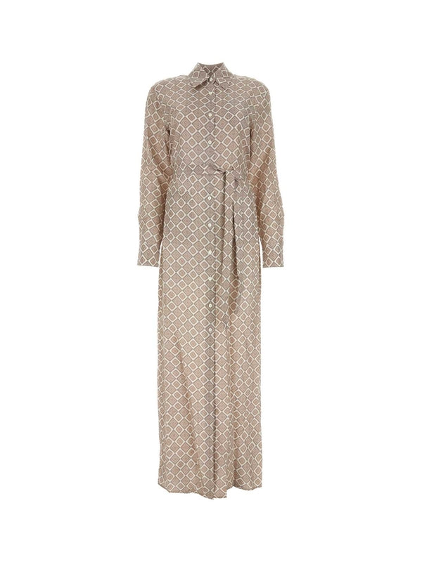 Allover Printing Belt Silk Shirt Dress