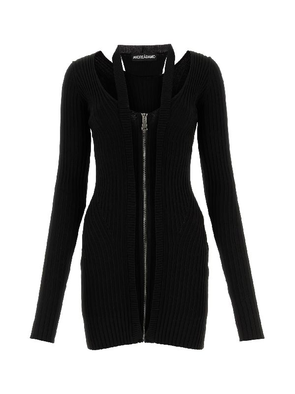 V-Neck Ribbed Zip-Up Dress