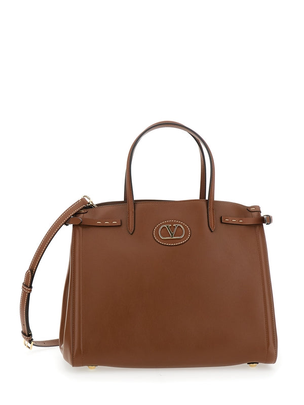 'Antibes Medium' Brown Handbag with Metallic VLogo on the Front and Shoulder Strap in Leather Woman Tote Bags