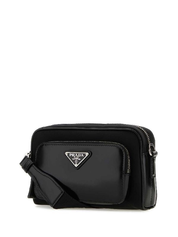 Triangular Logo Recycled Nylon Brushed Leather Shoulder Bag