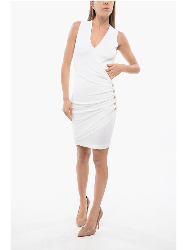 Side Logo Button Draped Sleeveless Dress