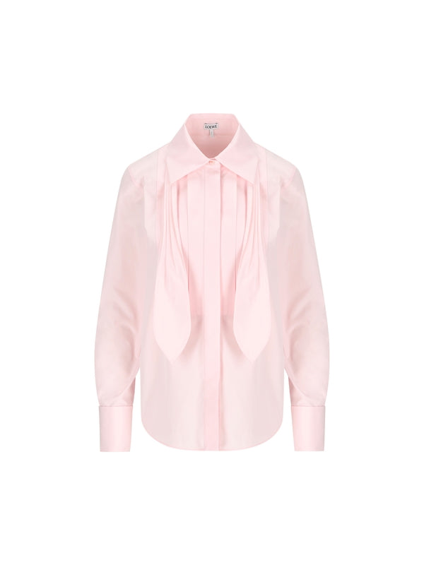 Pleats Scarf-neck Cotton Shirt