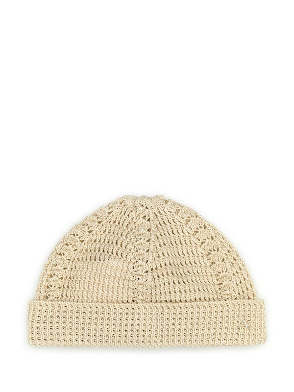V Logo Charm Crochet Cotton Beanie