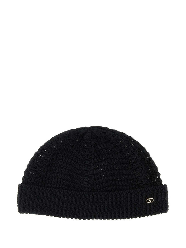V Logo Openwork Cotton Beanie