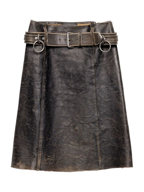 Vintage Washed Belt Detail Leather Skirt