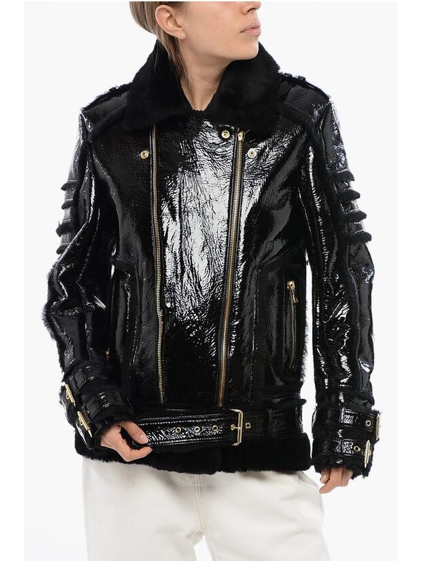 Shearling Patent Leather Biker Jacket