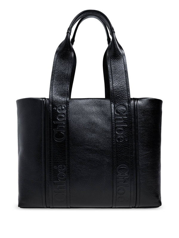 Woody Logo Leather Tote Bag