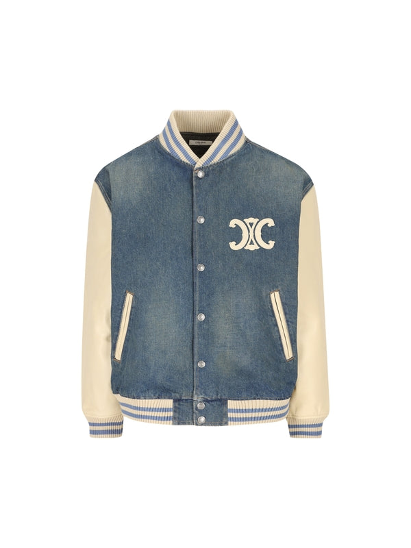Triomphe Logo Washed Denim Varsity Jacket