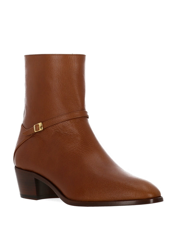 V Logo Buckle Leather Ankle Boots