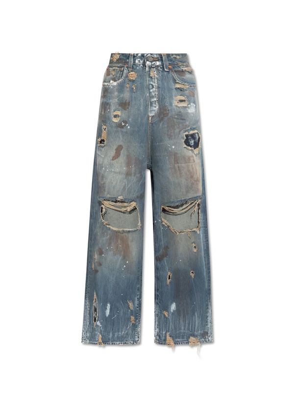 Distress Cotton Denim Pants