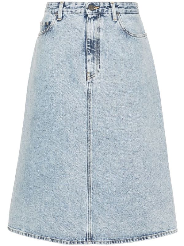 Back Leather Patch Denim Midi
  Skirt