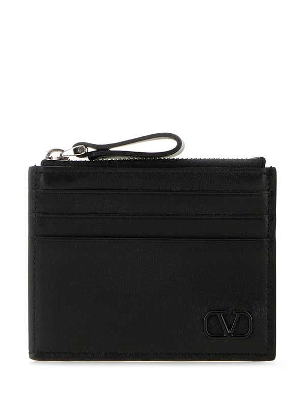 V Logo Leather Card Wallet