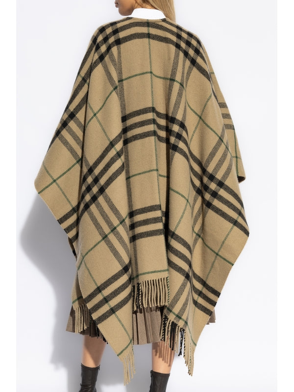 Check Fringe Wool Cashmere Cape