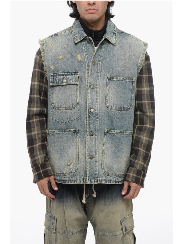 Check Shirt Sleeve Denim Jacket