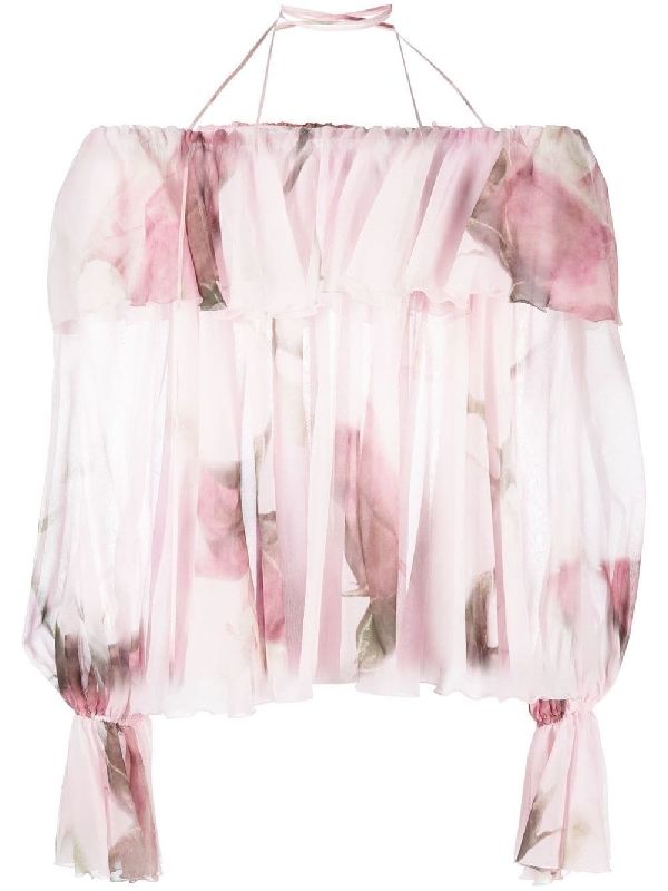 Halterneck Flounce Silk Blouse