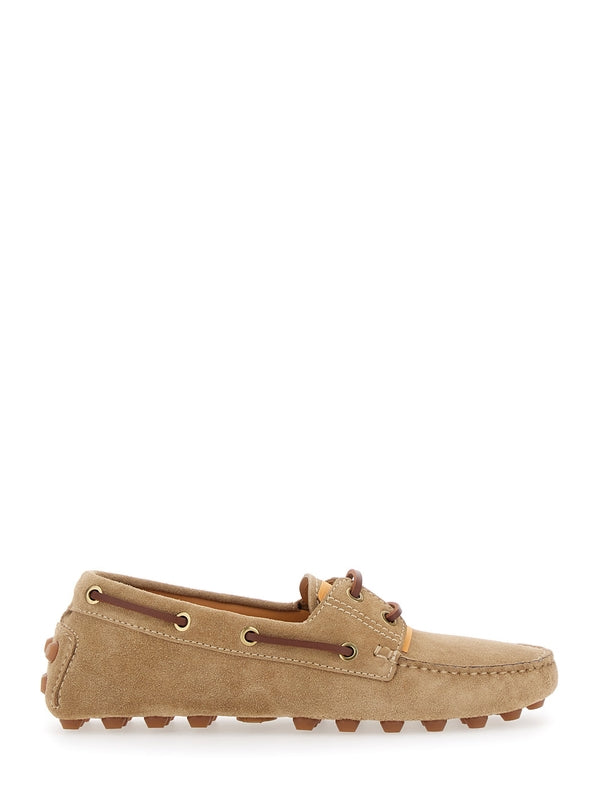 'Gommino' Beige Loafers with Woven Tie in Suede Woman Driving Shoes