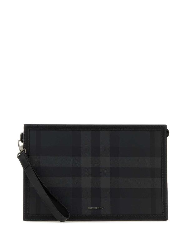 Check Fabric Leather Strap Clutch Bag