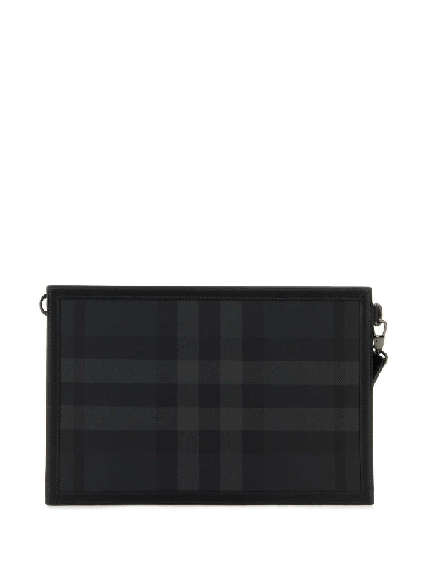 Check Fabric Leather Strap Clutch Bag