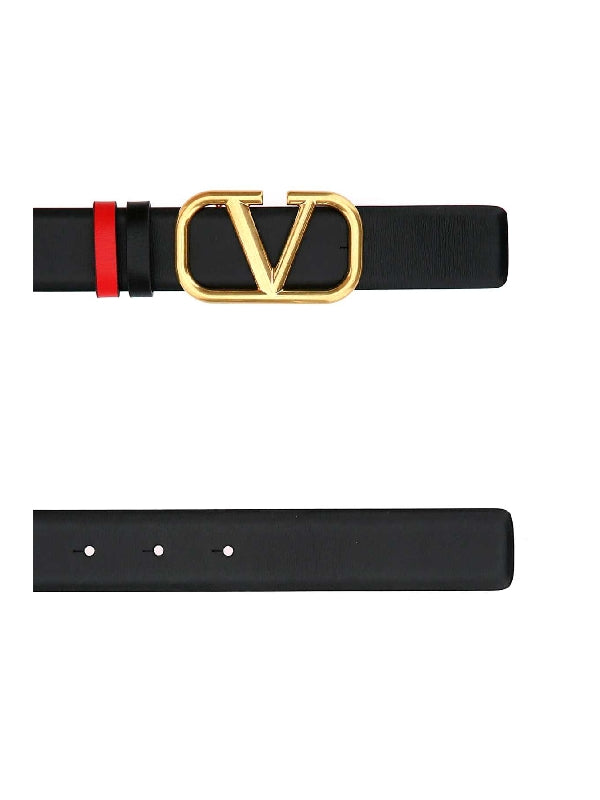 V Logo Buckle Bicolor Leather Belt