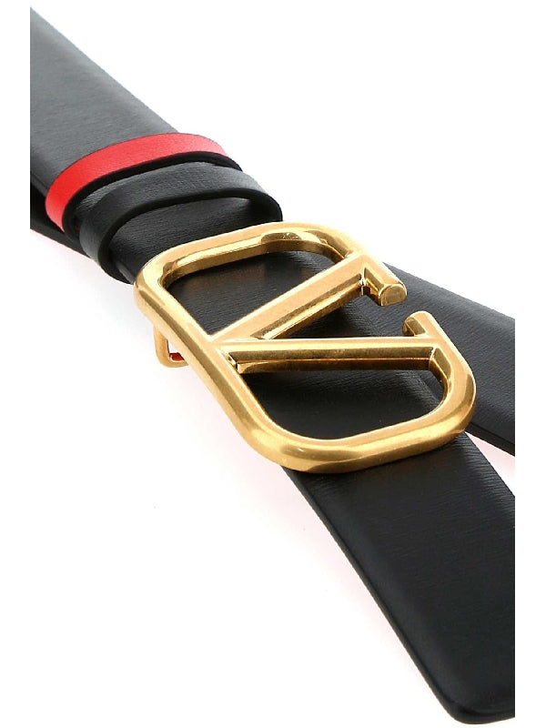 V Logo Buckle Bicolor Leather Belt