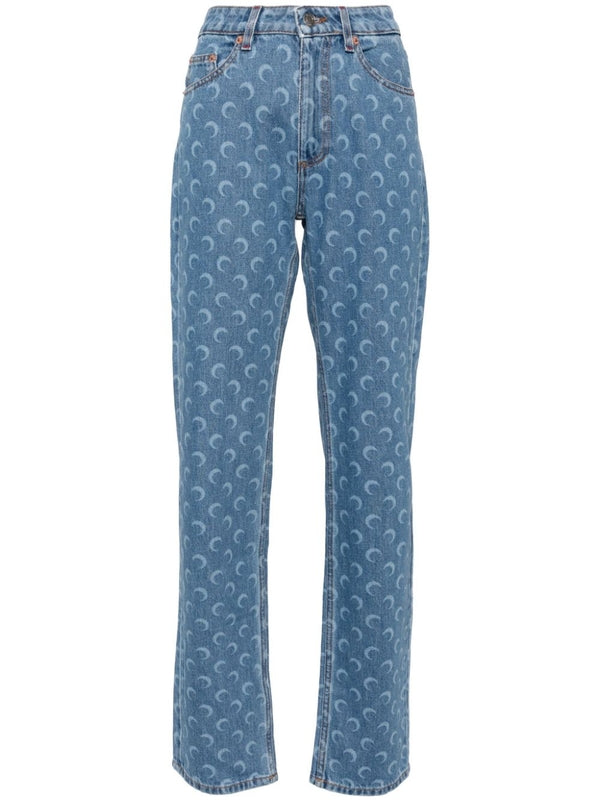 Allover Moon Print Cotton Denim Pants