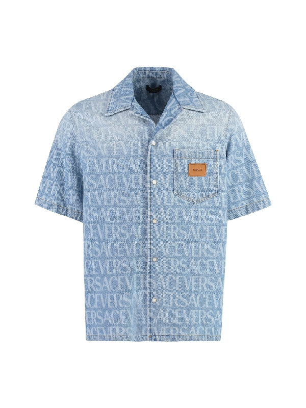 Allover Logo Denim Short-Sleeve Shirt