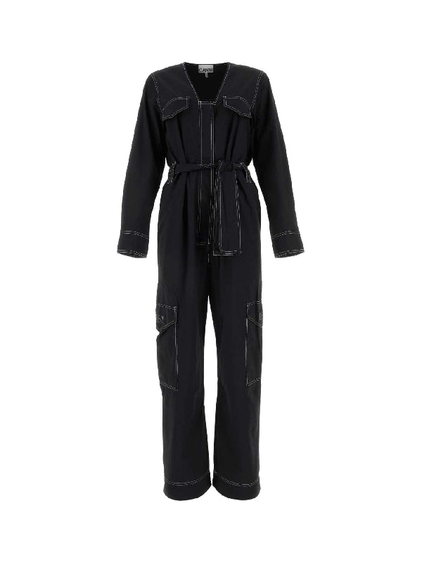Contrast Stitch Belted Jumpsuit