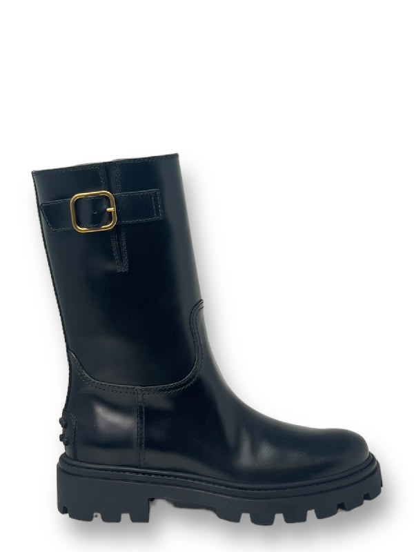 Buckle Strap Leather Middle Boots