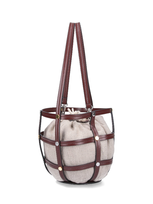 Ellie Cage Leather Linen Bucket Bag