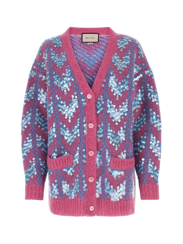 Chevron Sequin Embellished Knit Cardigan